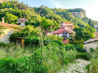 Typical street and houses in historical town of Melnik, Bulgaria