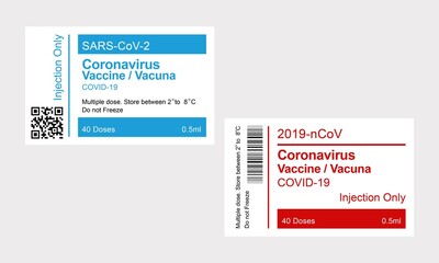 Vector illustration of Coronavirus Vaccine Package Label stickers set. Red and blue colour set. Banner format