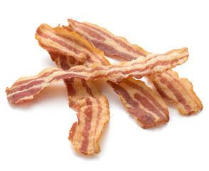 cooked crispy slices of bacon isolated on white background