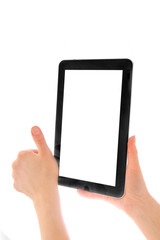 in human hands tablet computer touch-screen gadget with isolated
