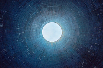 Blue cooling tower in abandoned power plant EC2