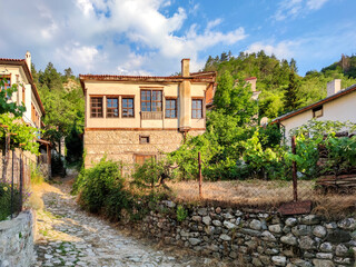 Fototapeta na wymiar Typical street and houses in historical town of Melnik, Bulgaria