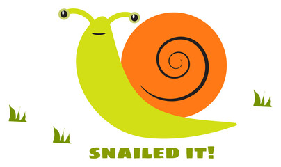 Funny Snailed It! Green and Orange Snail Illustration Isolated on White BAckground with Clipping Path