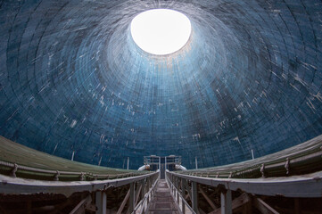Blue cooling tower in abandoned power plant EC2