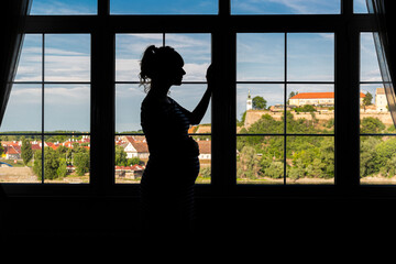 Fototapeta premium Silhouette of a pregnant woman by the window