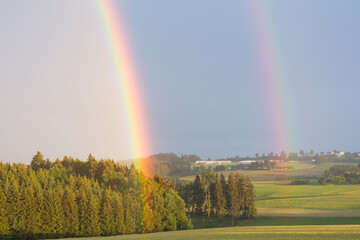 Double Rainbow At Summer Storm In Rural Area