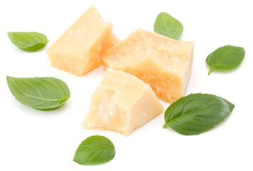 shredded parmesan cheese and basil leaf isolated on white background cutout