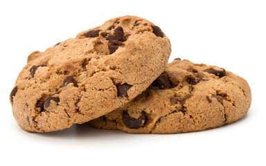 Two Chocolate chip cookies isolated on white background. Sweet biscuits. Homemade pastry.