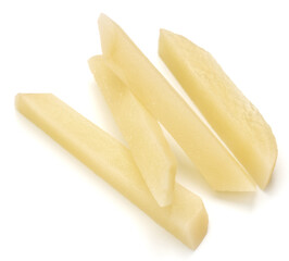 Raw Potato sliced strips prepared for French fries isolated on white background