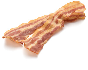 cooked crispy slices of bacon isolated on white background