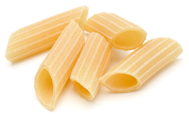 Italian pasta isolated on white background. Pennoni. Penne rigate.