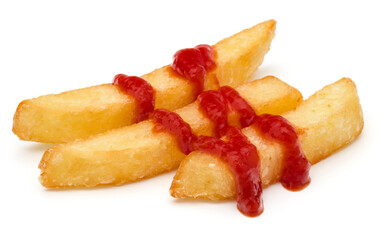 French Fried Potatoes with ketchup isolated on white background