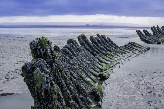 The remains of the wreck of  on Berrow Beach on the coast.UK
