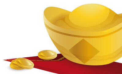 Golden sycee ingot and coins over red envelope, Vector Illustration