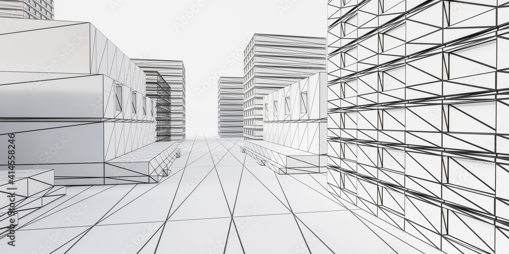 Poster abstract architecture draft wire mesh 3d render illustration