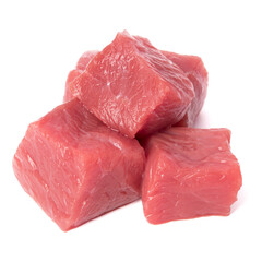 Raw chopped beef meat pieces isolated om white background cut out.