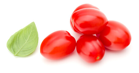 fresh plum tomato with basil leaf isolated on white background