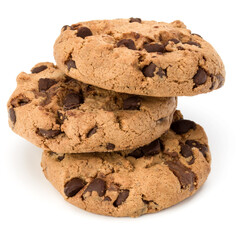 Three Chocolate chip cookies isolated on white background. Sweet biscuits. Homemade pastry.