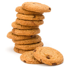 Stacked Chocolate chip cookies isolated on white background. Sweet biscuits. Homemade pastry.
