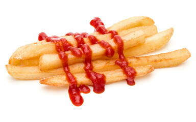 French Fried Potatoes with ketchup isolated on white background