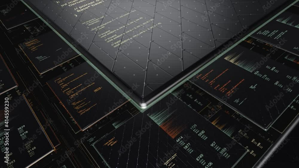 Poster flying through endless digital screens with numbers and graphs, seamless loop. animation. technologi