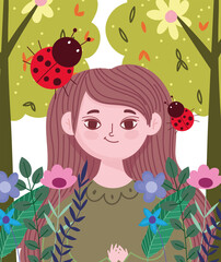 Obraz na płótnie Canvas cartoon woman with ladybug flowers tree nature foliage spring