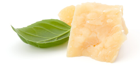 shredded parmesan cheese and basil leaf isolated on white background cutout