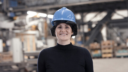 smiling woman with helmet and augmented reality
