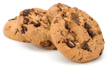 Chocolate chip cookies isolated on white background. Sweet biscuits. Homemade pastry.