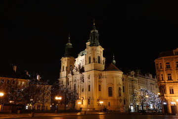 Fototapeta na wymiar Saint Nicholas Church in Old Town Square in Prague, Czech Republic, by night.