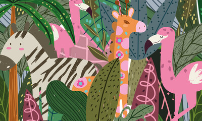 cartoon jungle animals cartoon abstract flamingo giraffe and zebra
