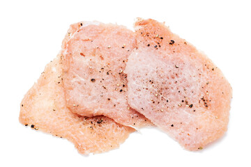 raw chopped pork meat with spice isolated on white background. above view. fresh meat slice cut out