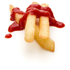 French Fried Potatoes with ketchup isolated on white background