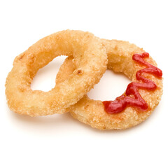 Crispy deep fried onion or Calamari ring with ketchup isolated on white background