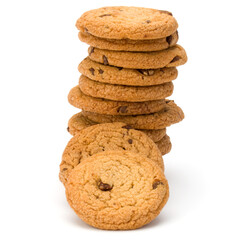 Stacked Chocolate chip cookies isolated on white background. Sweet biscuits. Homemade pastry.
