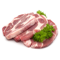 Raw pork neck chop meat with parsley herb leaves garnish isolated on white background cutout