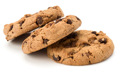 Three Chocolate chip cookies isolated on white background. Sweet biscuits. Homemade pastry.