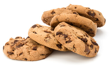 Chocolate chip cookies isolated on white background. Sweet biscuits. Homemade pastry.