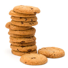 Stacked Chocolate chip cookies isolated on white background. Sweet biscuits. Homemade pastry.