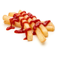 French Fried Potatoes with ketchup isolated on white background