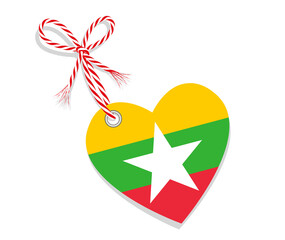 Fahne als Herz  „I Love Myanmar“ mit Kordel-Schleife,
Vektor Illustration isoliert auf weißem Hintergrund
