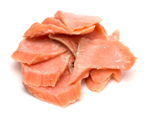 smoked salmon segments isolated on white background cutout. Prepared fish fillet fibres.