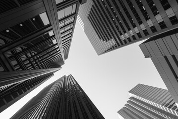 Black and white abstract upward view of downtown skyscrapers in Chicago, Illinois