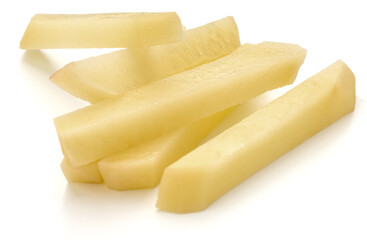 Raw Potato sliced strips prepared for French fries isolated on white background