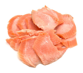 smoked salmon segments isolated on white background cutout. Prepared fish fillet fibres.