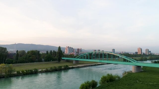 Aerial view of The Hendrix Bridge crossing sava river, Zagreb, Croatia.