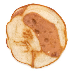 One pancake isolated on white background cutout. Top view.