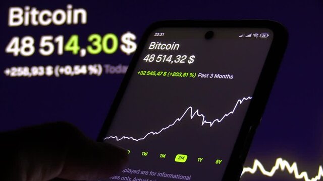 KYIV, UKRAINE - FEBRUARY 16, 2021: In this photo illustration Bitcoin cryptocurrency price and a graphic seen on a smartphone screen. Bitcoin breaks $50,000 price