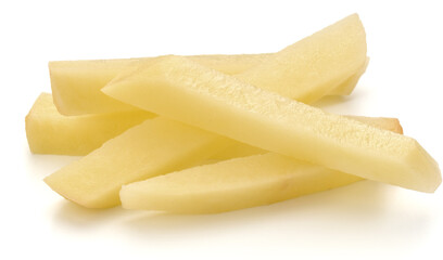 Raw Potato sliced strips prepared for French fries isolated on white background