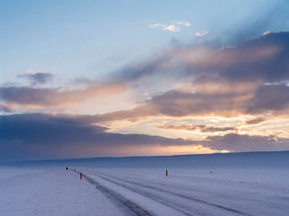 Mountains of Iceland during winter near Laugarvatn. Snowed in road, Iceland.